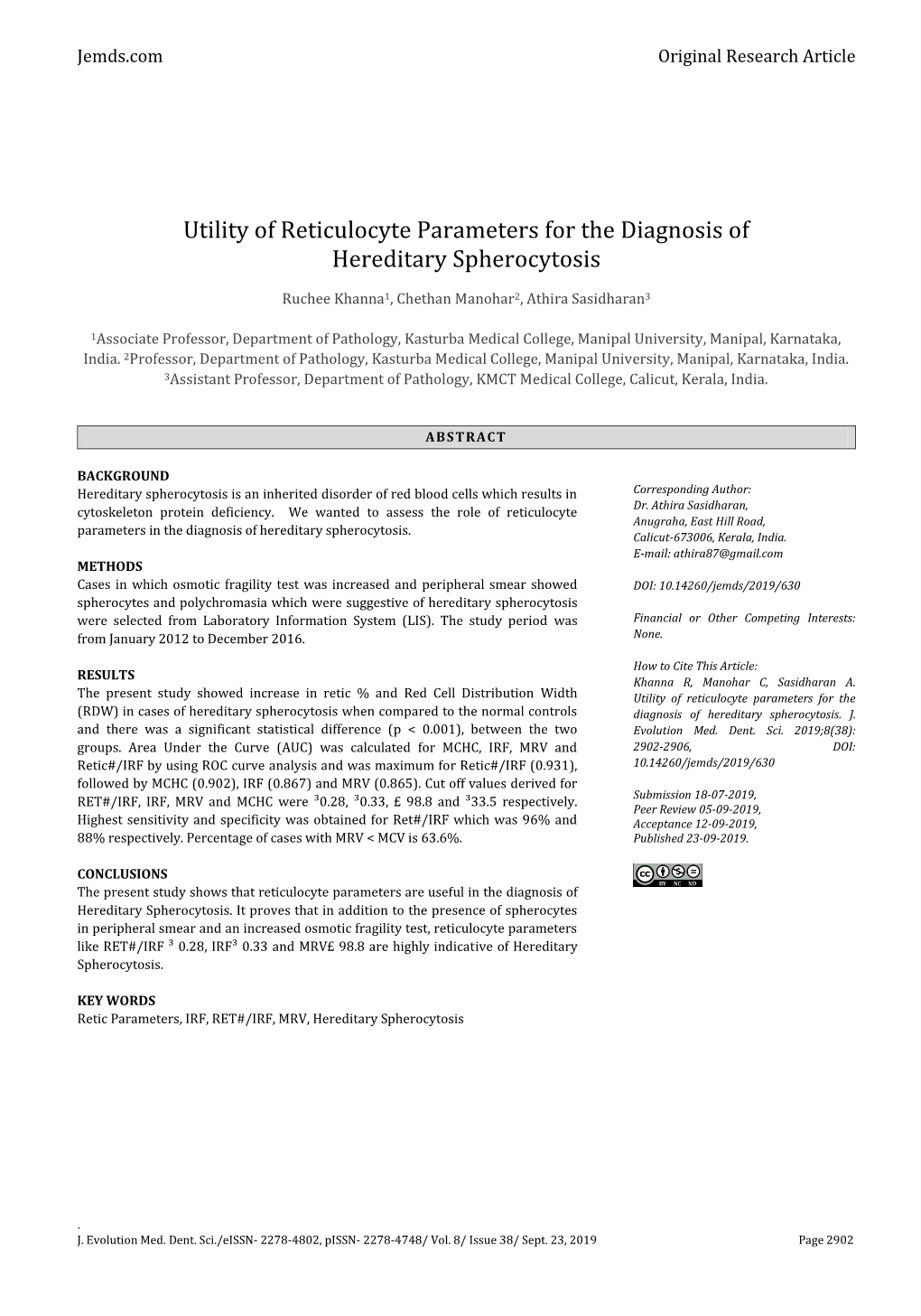 Utility of Reticulocyte Parameters for the Diagnosis of Hereditary Spherocytosis