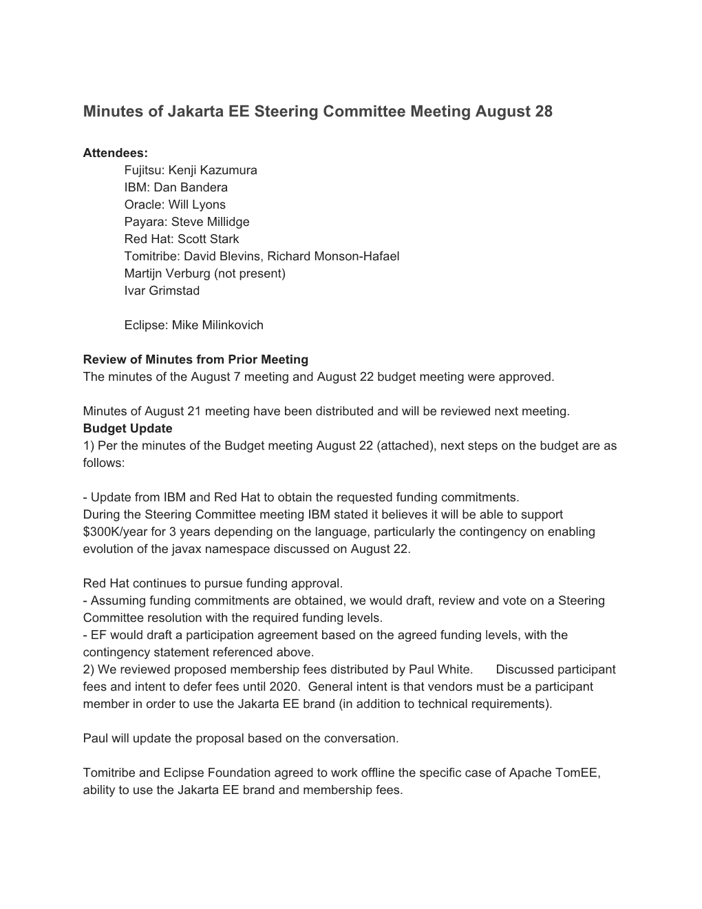 Minutes of Jakarta EE Steering Committee Meeting August 28