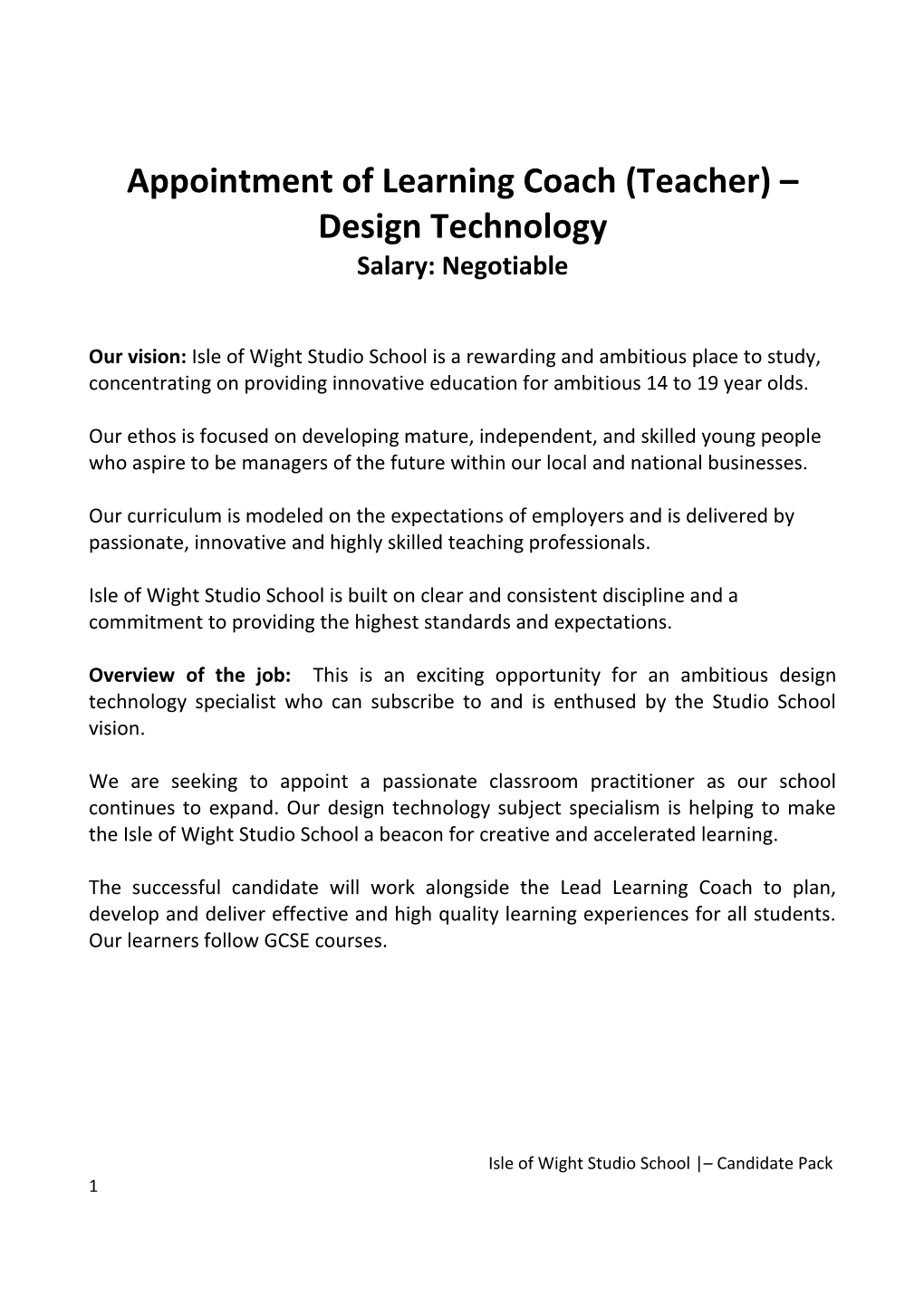 Appointment of Learning Coach (Teacher) Design Technology