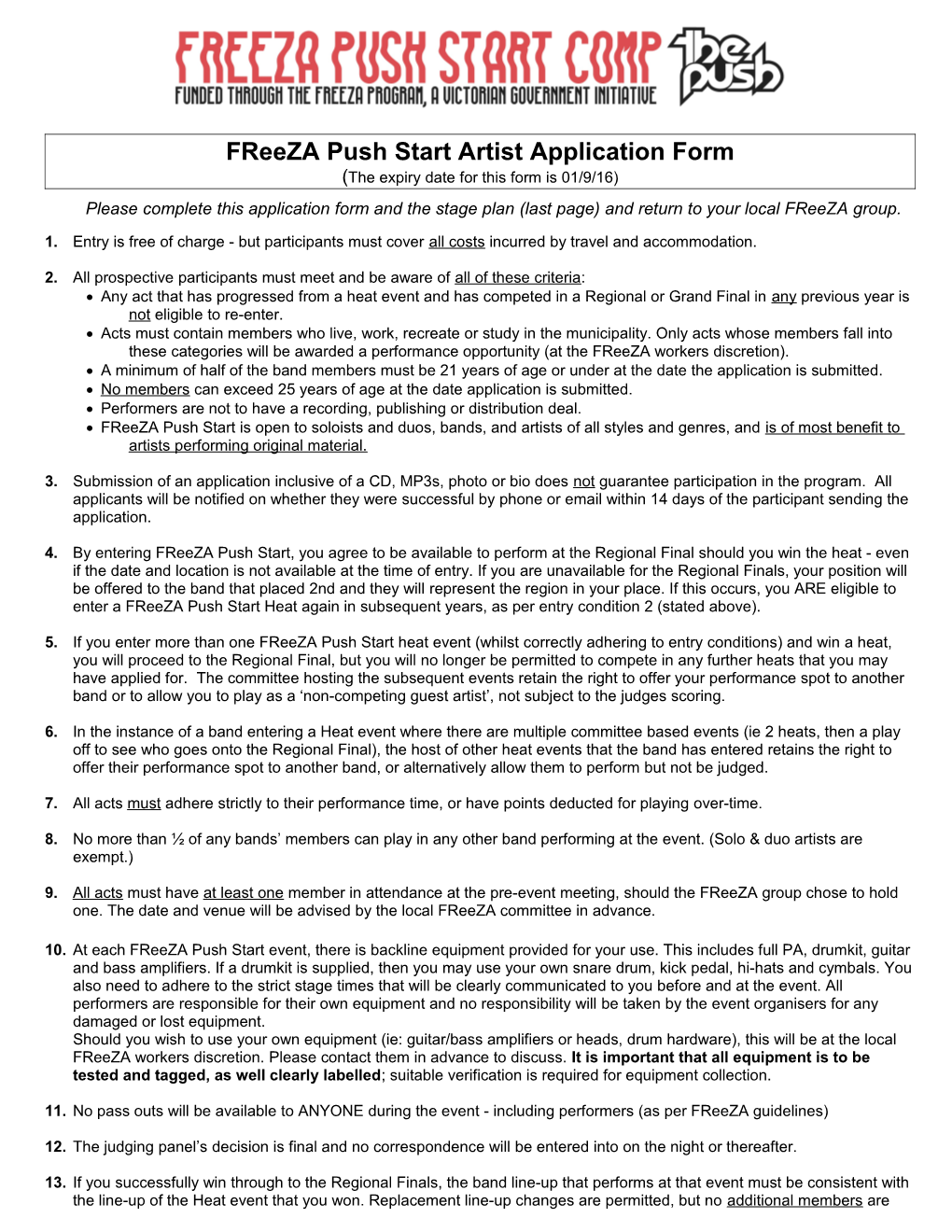 Freeza Push Start Artist Application Form (The Expiry Date for This Form Is 01/9/16)