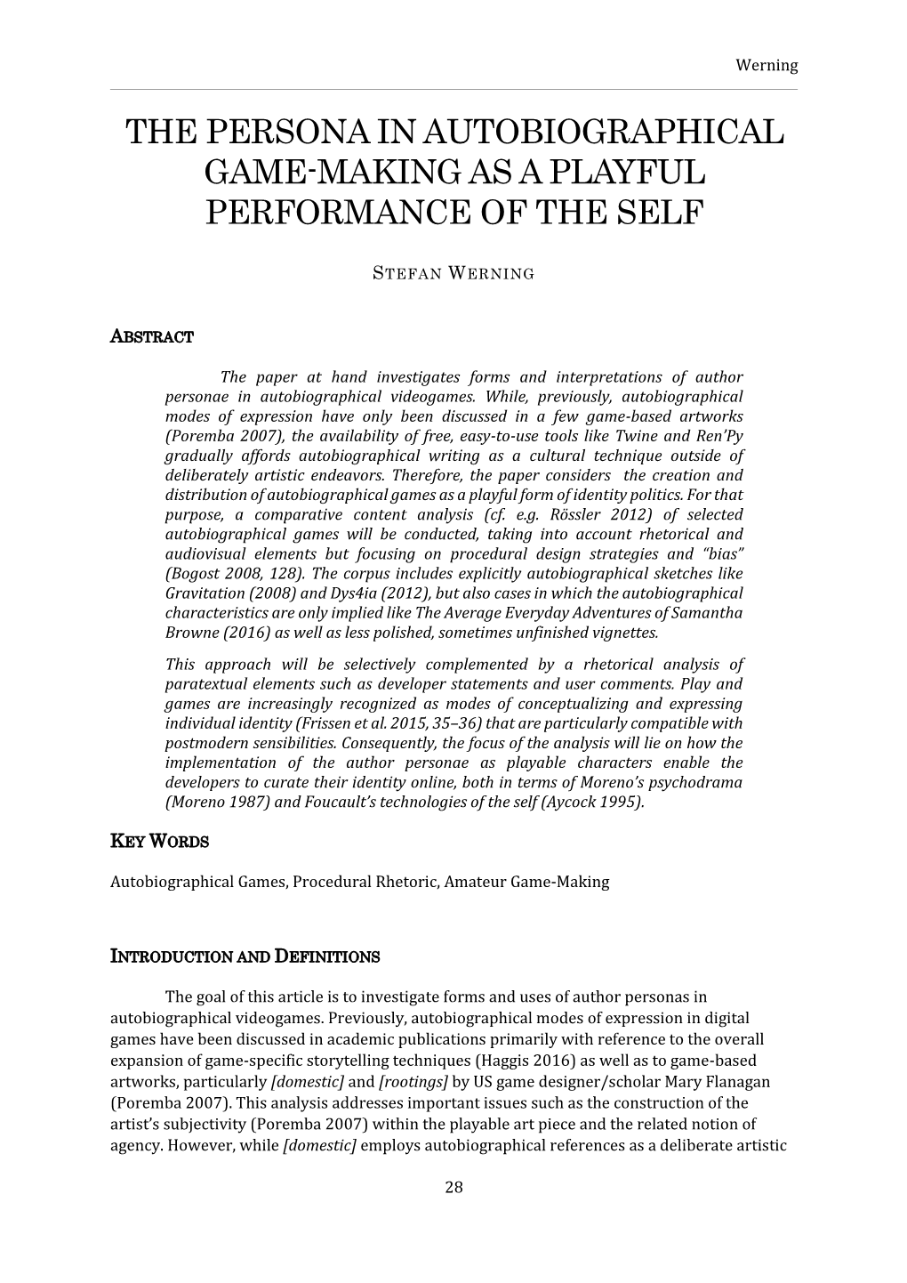 The Persona in Autobiographical Game-Making As a Playful Performance of the Self