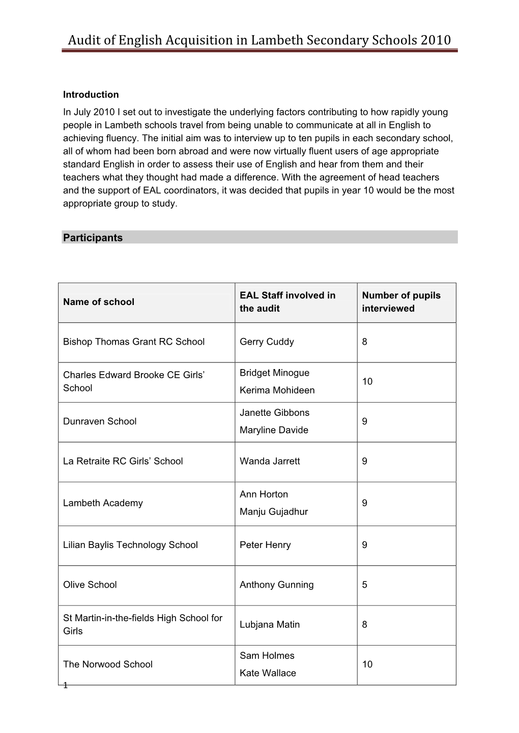 Audit of English Acquisition in Lambeth Secondary Schools 2010
