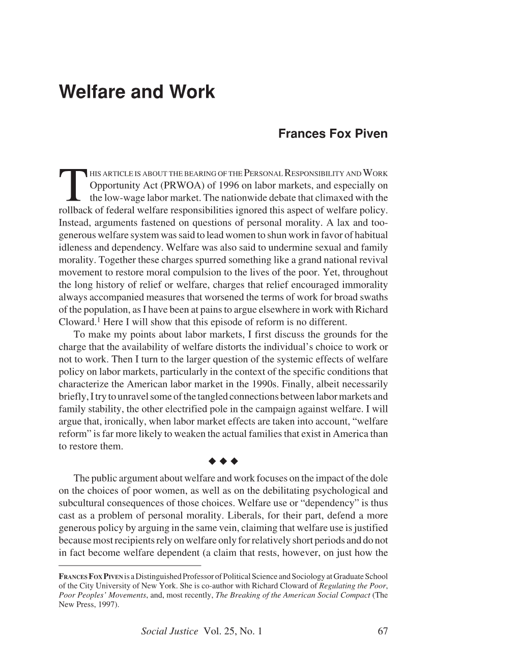 Welfare and Work 67 Welfare and Work