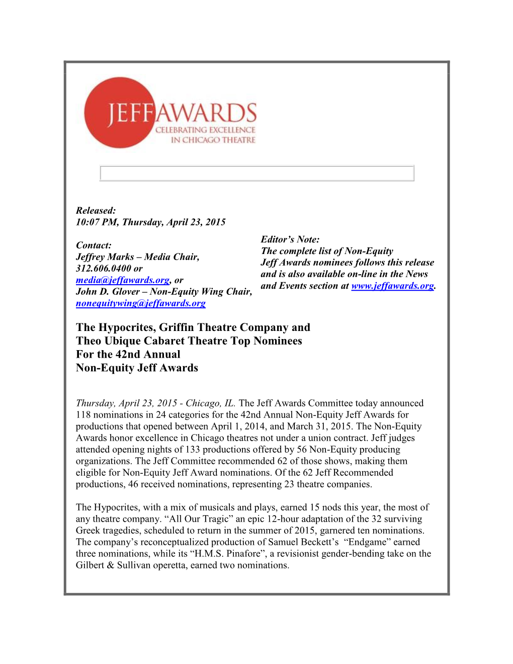 The Hypocrites, Griffin Theatre Company and Theo Ubique Cabaret Theatre Top Nominees for the 42Nd Annual Non-Equity Jeff Awards