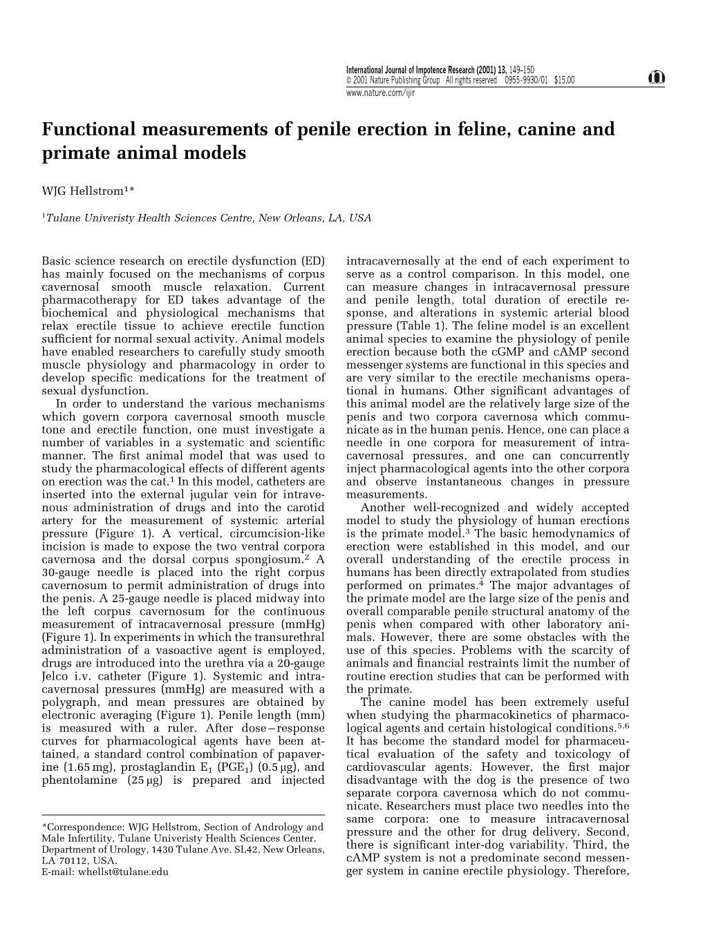 Functional Measurements of Penile Erection in Feline, Canine and Primate Animal Models