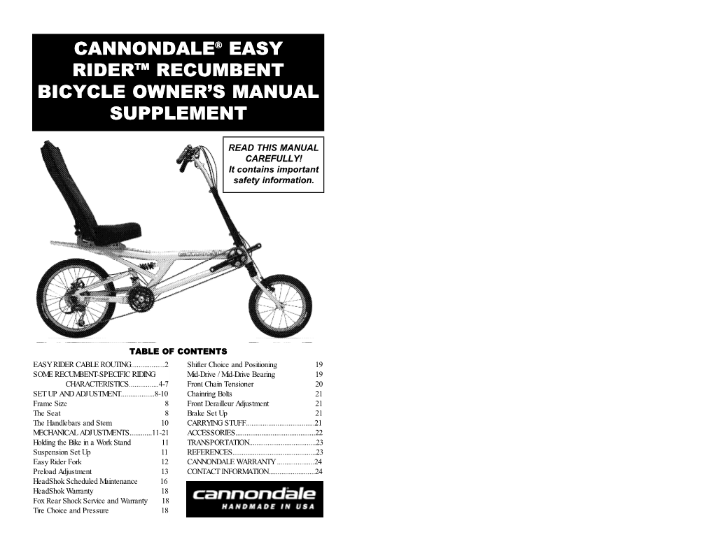 Cannondale® Easy Ridertm Recumbent Bicycle Owner's Manual Supplement