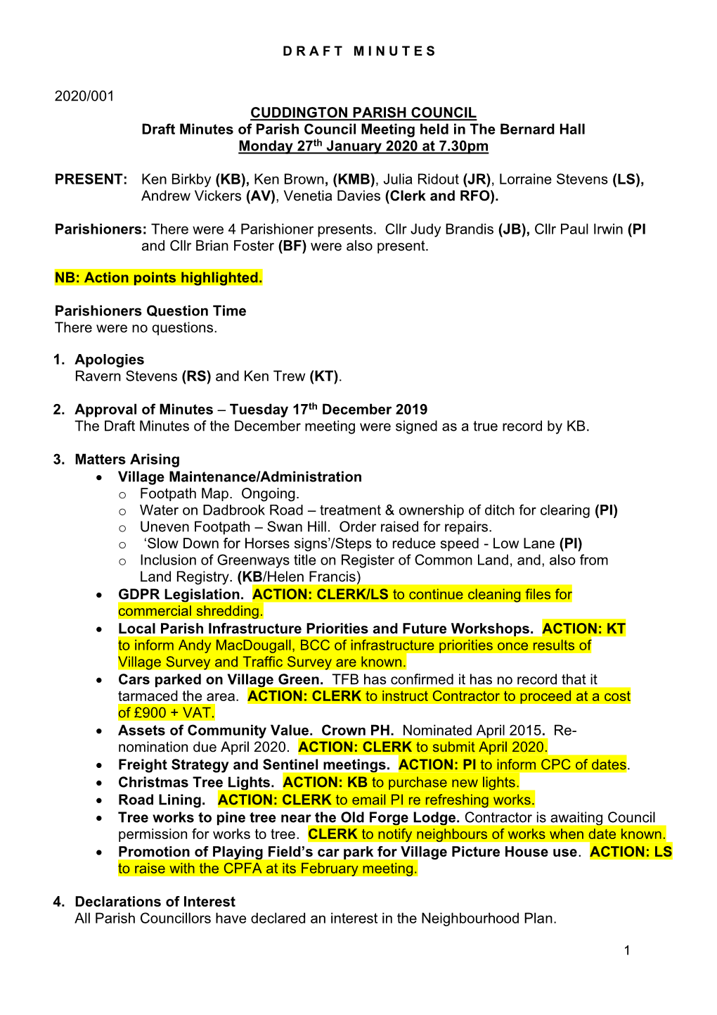 2020/001 CUDDINGTON PARISH COUNCIL Draft Minutes of Parish Council Meeting Held in the Bernard Hall Monday 27Th January 2020 at 7.30Pm