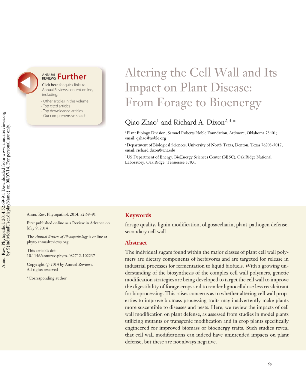 Altering the Cell Wall and Its Impact on Plant Disease: from Forage to Bioenergy