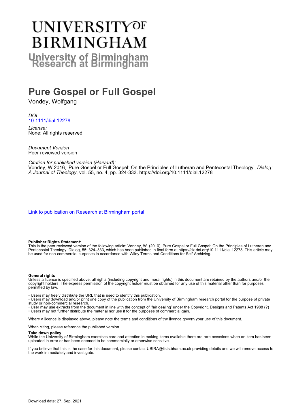 University of Birmingham Pure Gospel Or Full Gospel