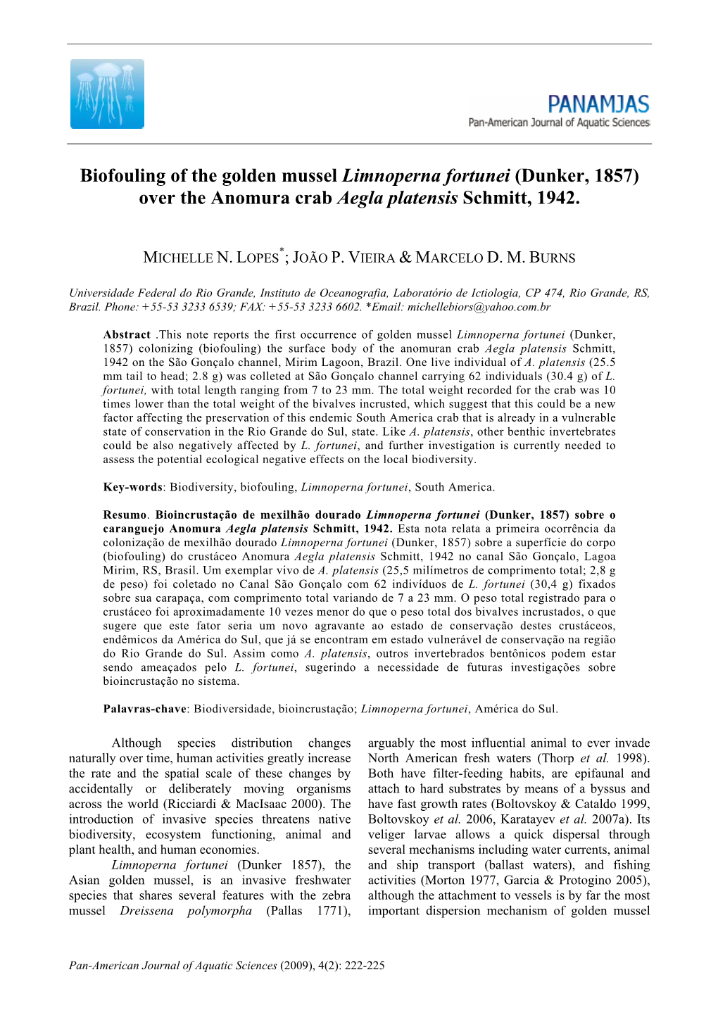 Biofouling of the Golden Mussel Limnoperna Fortunei (Dunker, 1857) Over the Anomura Crab Aegla Platensis Schmitt, 1942