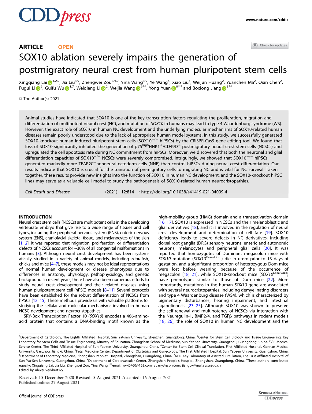 SOX10 Ablation Severely Impairs the Generation of Postmigratory Neural Crest from Human Pluripotent Stem Cells
