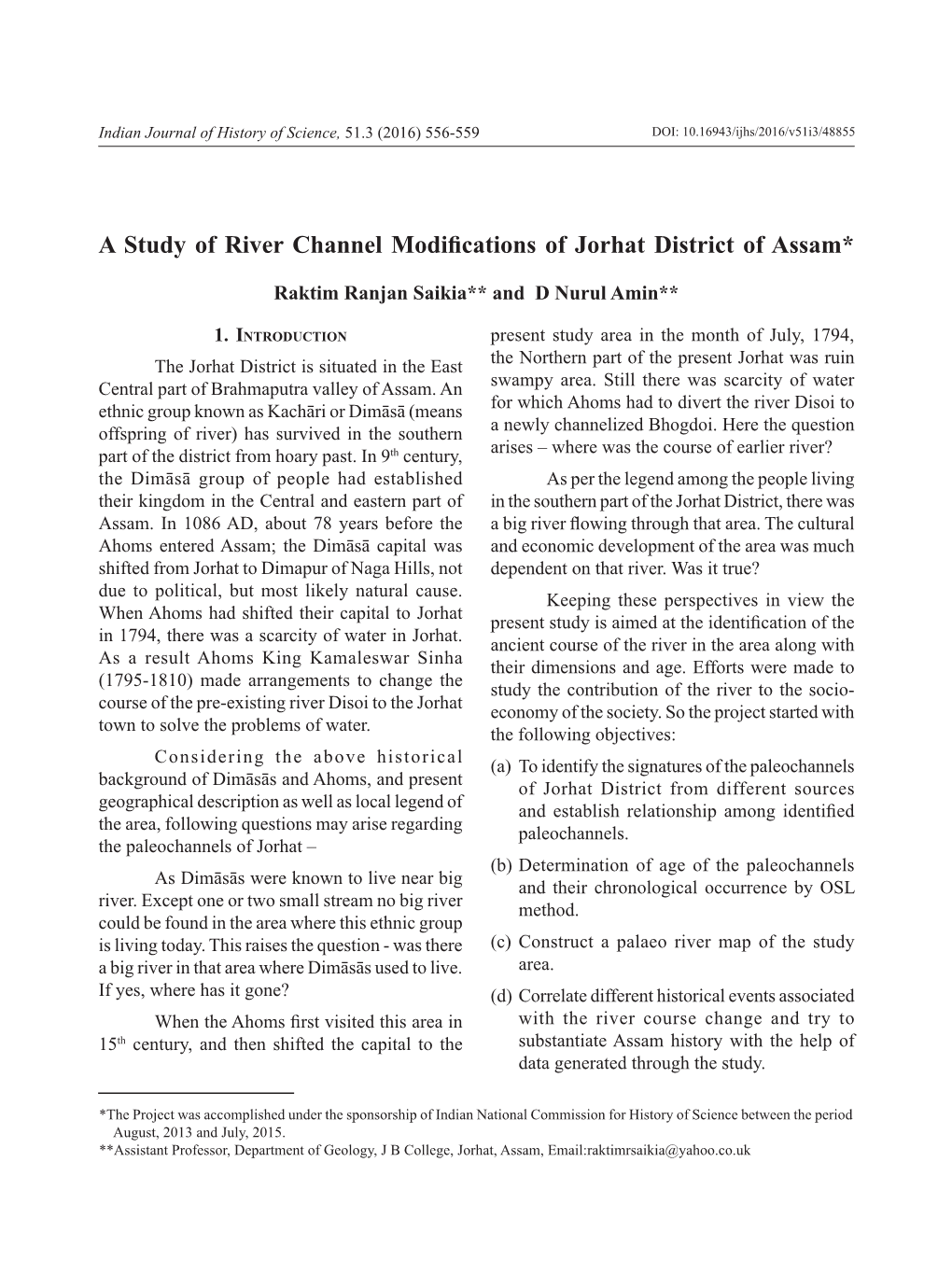 A Study of River Channel Modifications of Jorhat District of Assam*