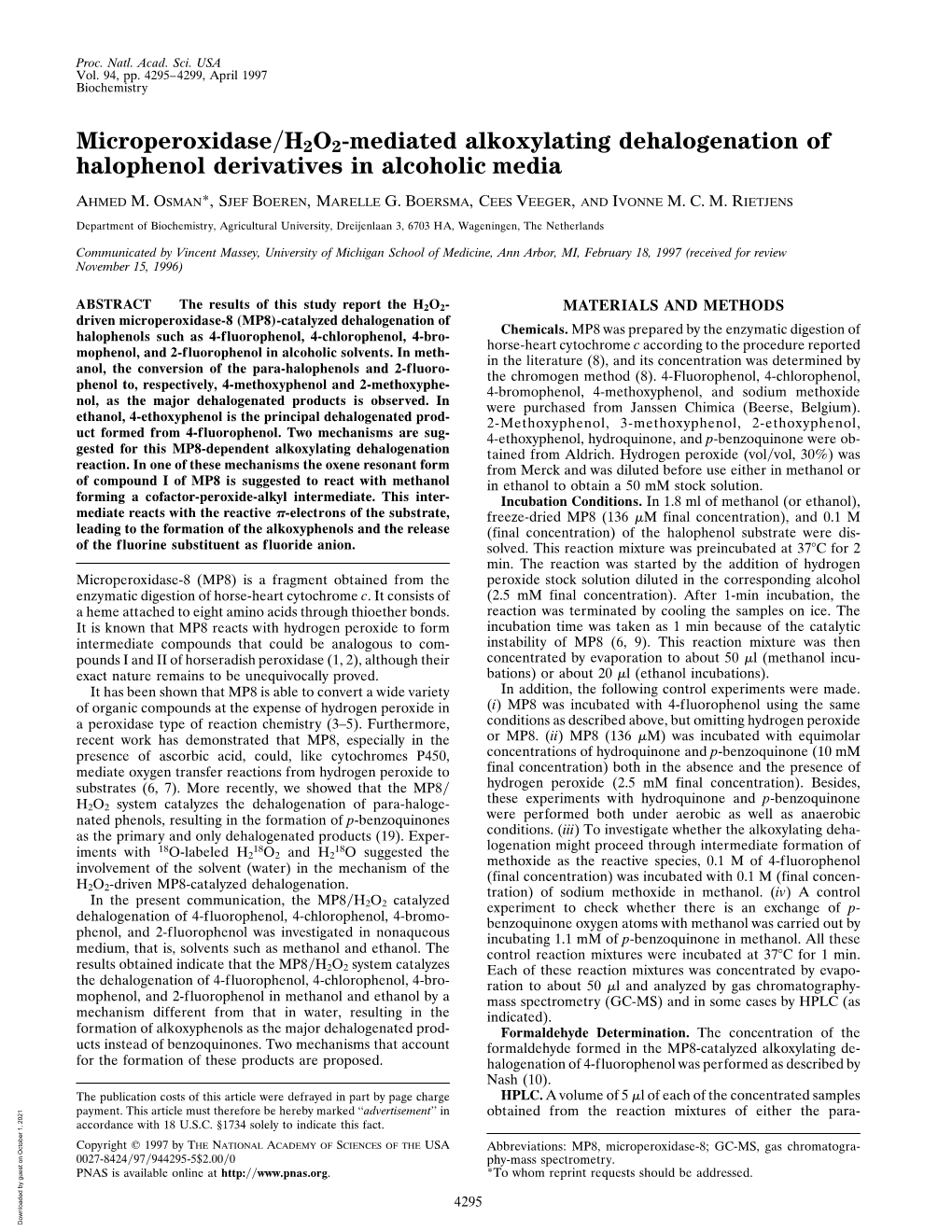 Microperoxidase/H2O2-Mediated Alkoxylating Dehalogenation Of