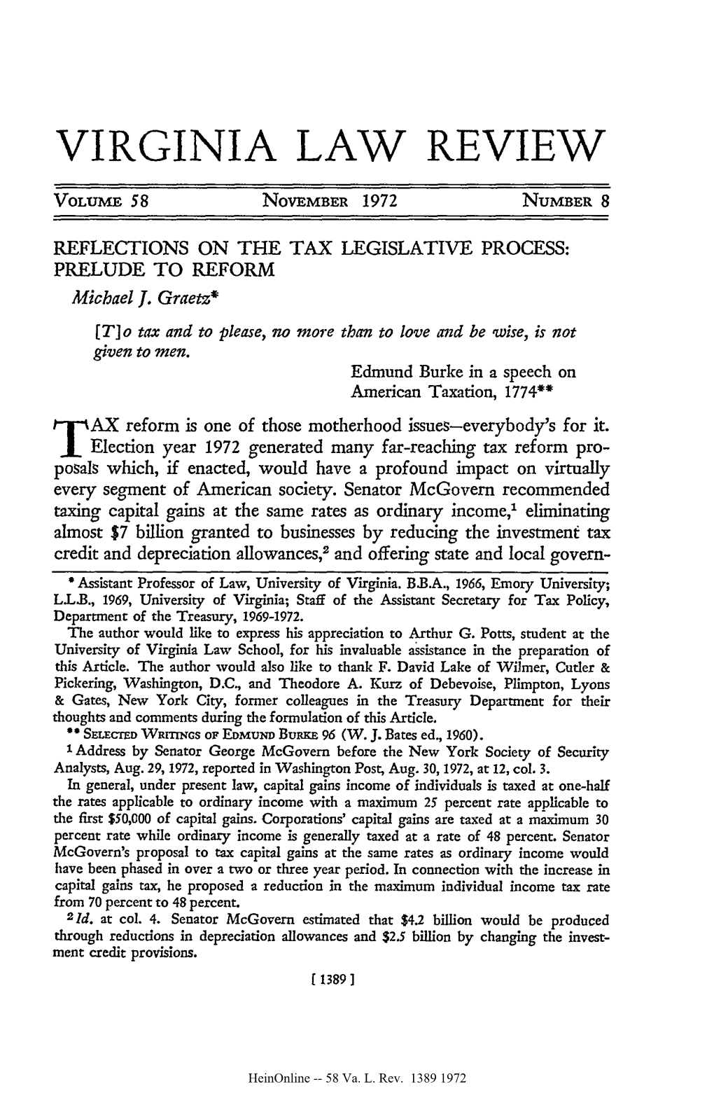 REFLECTIONS on the TAX LEGISLATIVE PROCESS: PRELUDE to REFORM Michael 1