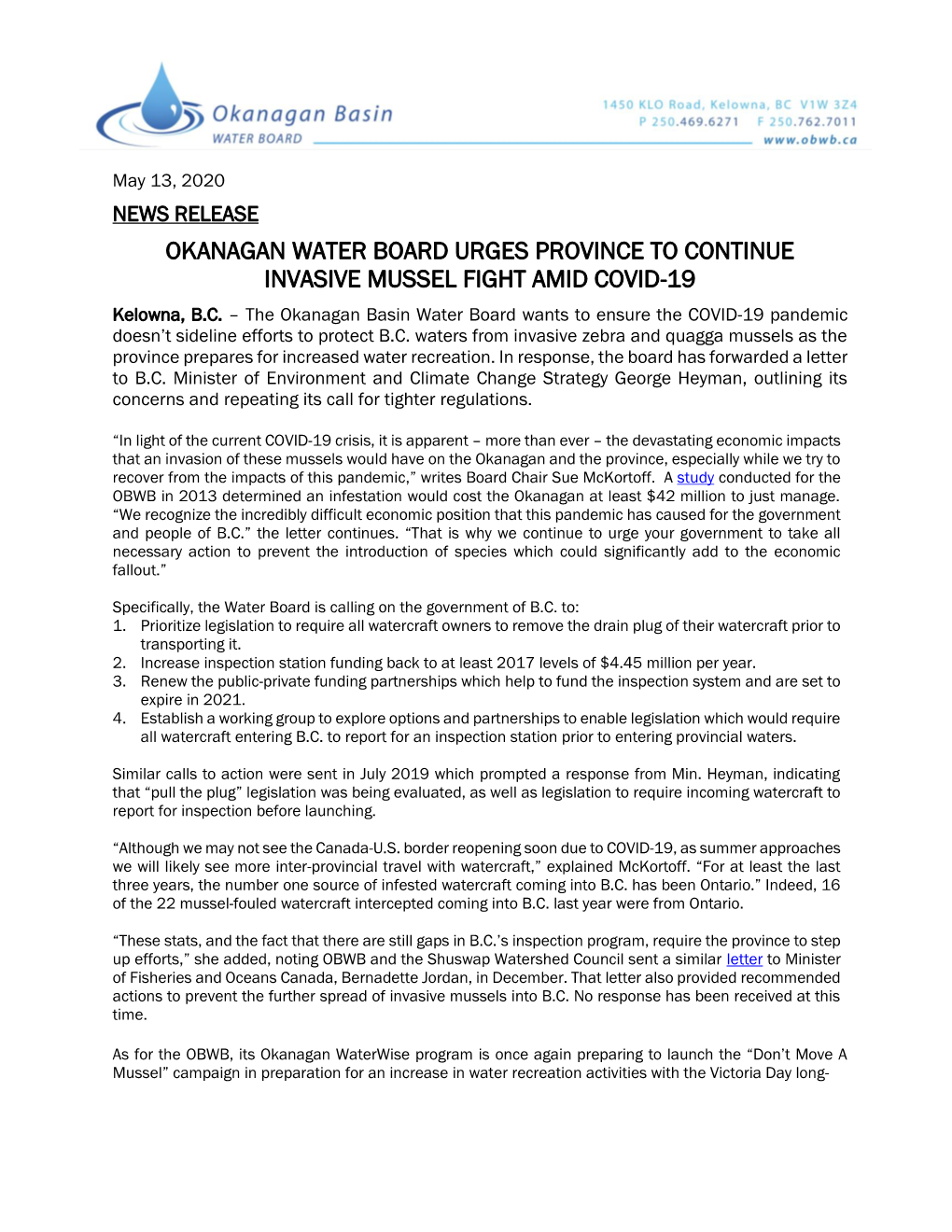 NEWS RELEASE OKANAGAN WATER BOARD URGES PROVINCE to CONTINUE INVASIVE MUSSEL FIGHT AMID COVID-19 Kelowna, B.C