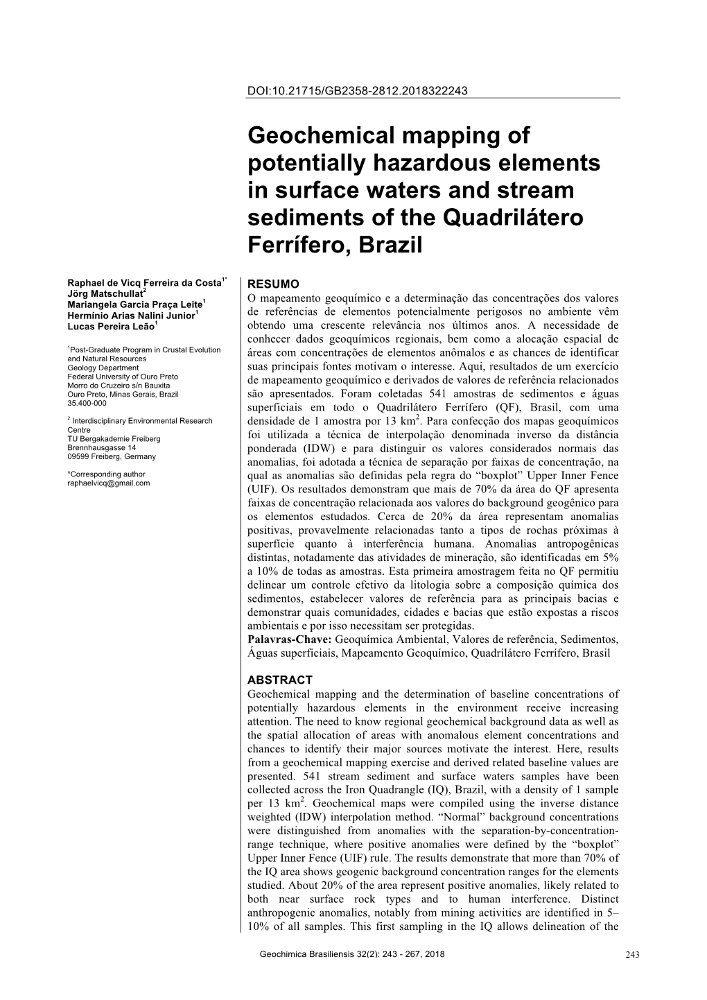 Geochemical Mapping of Potentially Hazardous Elements in Surface Waters and Stream Sediments of the Quadrilátero Ferrífero, Brazil