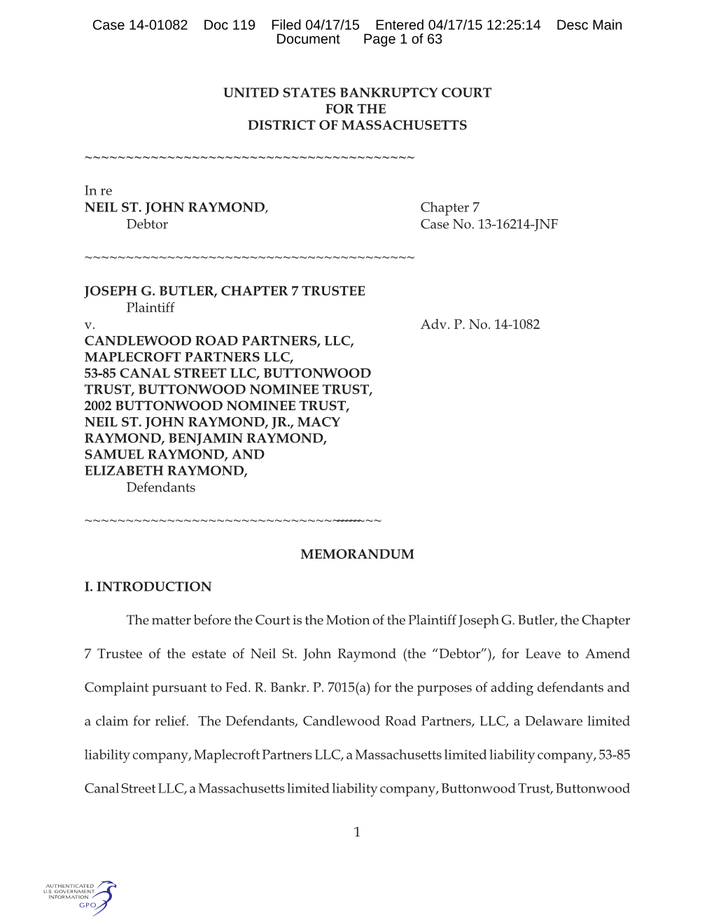 1 Case 14-01082 Doc 119 Filed 04/17/15 Entered 04/17/15 12:25:14 Desc Main Document Page 2 of 63