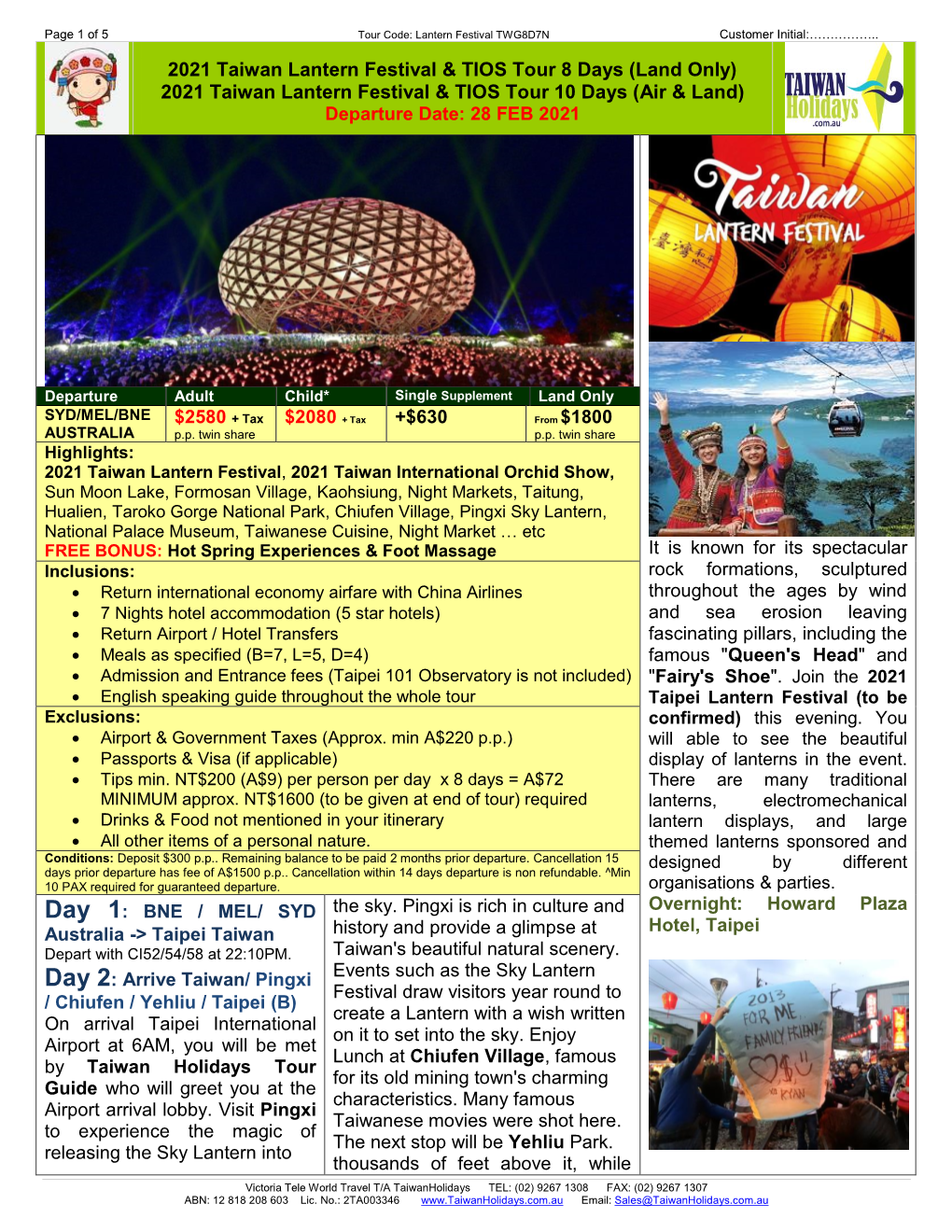 2021 Taiwan Lantern Festival & TIOS Tour 8 Days