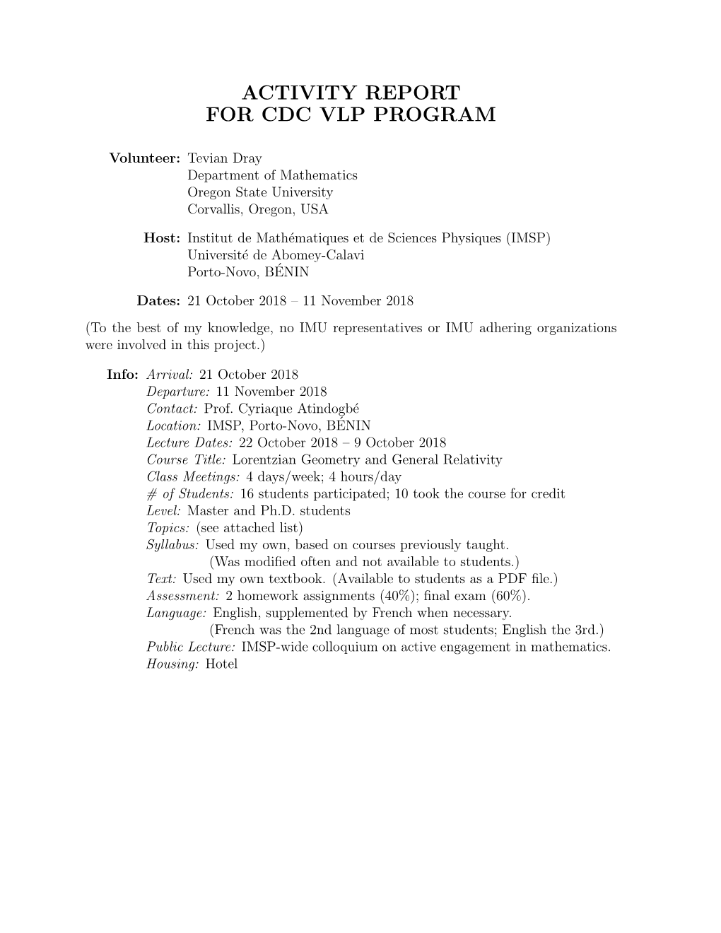 Activity Report for Cdc Vlp Program