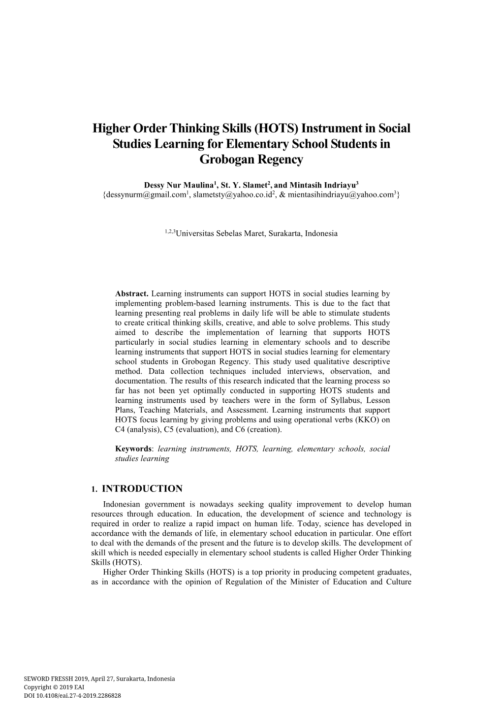 Higher Order Thinking Skills (HOTS) Instrument in Social Studies Learning for Elementary School Students in Grobogan Regency