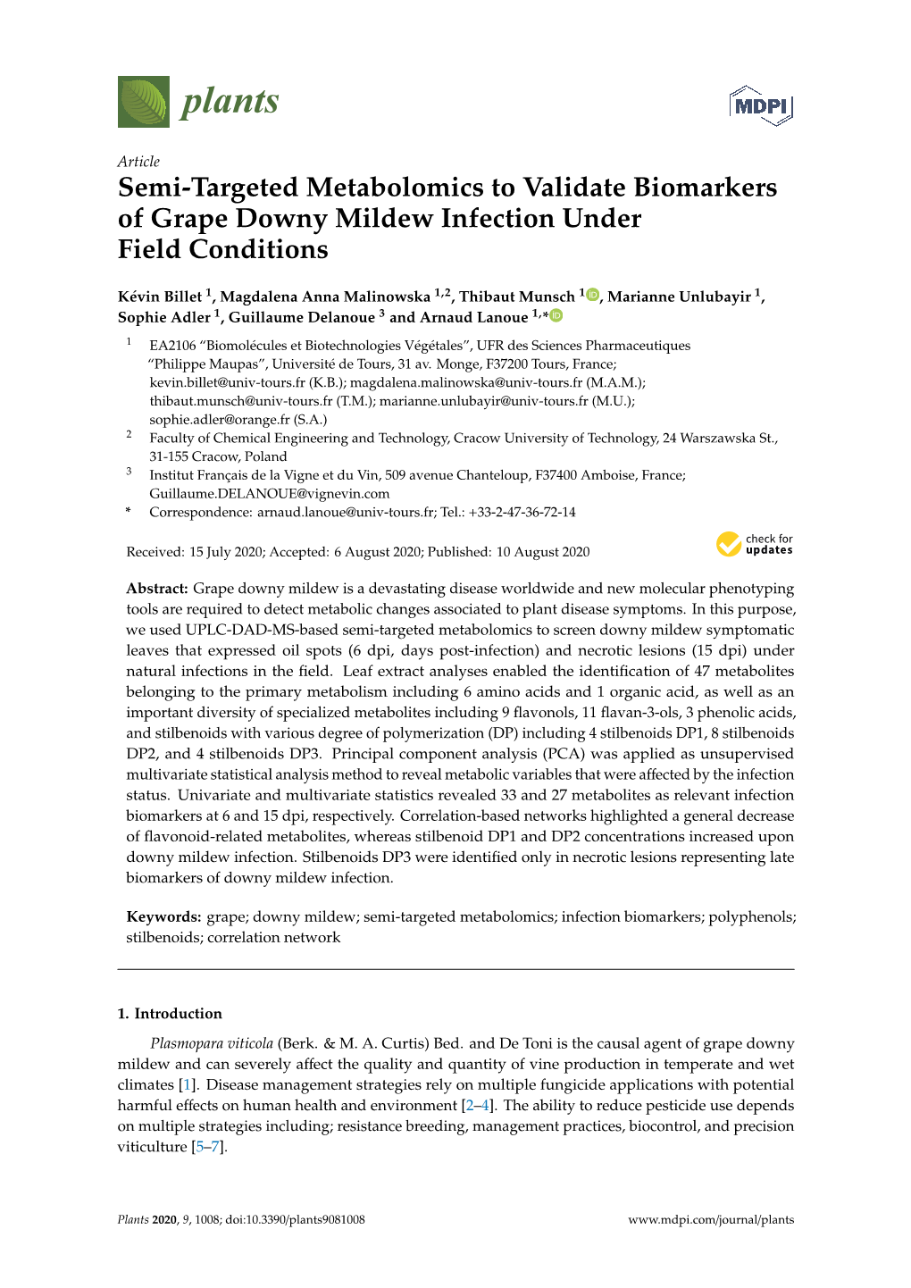 Semi-Targeted Metabolomics to Validate Biomarkers of Grape Downy Mildew Infection Under Field Conditions