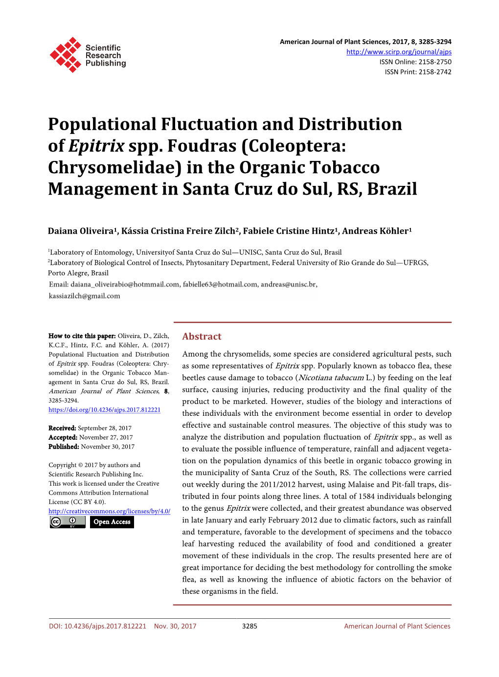 Populational Fluctuation and Distribution of Epitrix Spp. Foudras (Coleoptera: Chrysomelidae) in the Organic Tobacco Management in Santa Cruz Do Sul, RS, Brazil