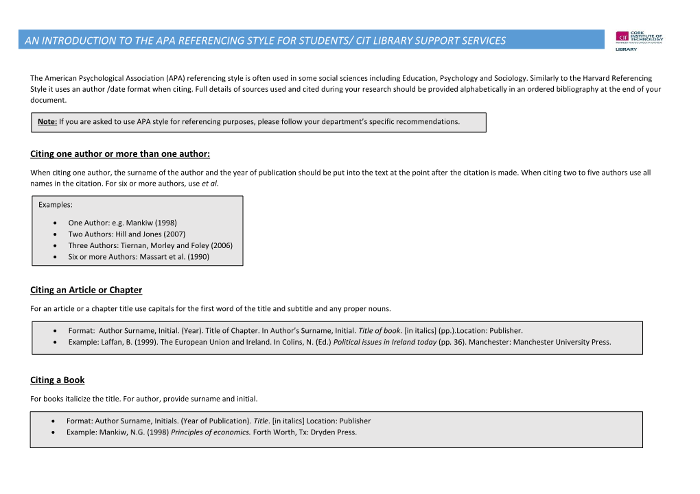 An Introduction to the Apa Referencing Style for Students/ Cit Library Support Services