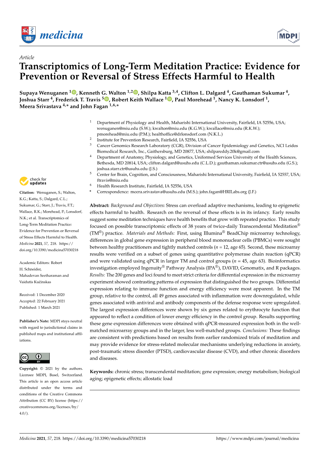 Transcriptomics of Long-Term Meditation Practice: Evidence for Prevention Or Reversal of Stress Effects Harmful to Health