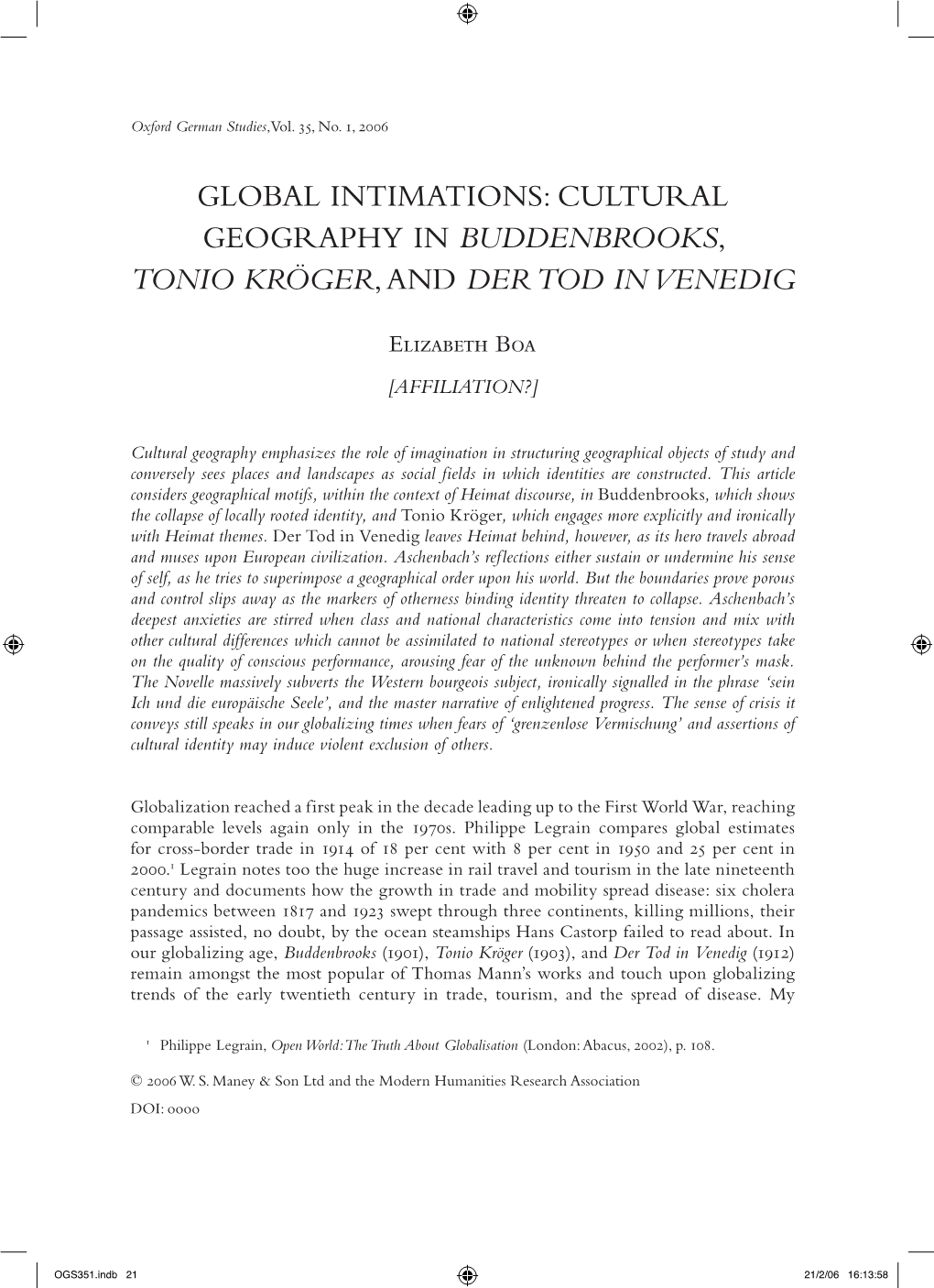 Global Intimations: Cultural Geography in Buddenbrooks, Tonio Kröger, and Der Tod in Venedig