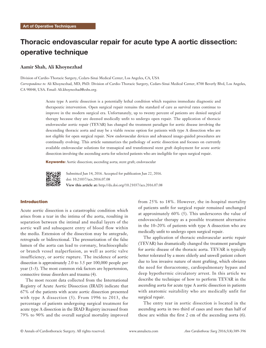 Thoracic Endovascular Repair for Acute Type a Aortic Dissection: Operative Technique