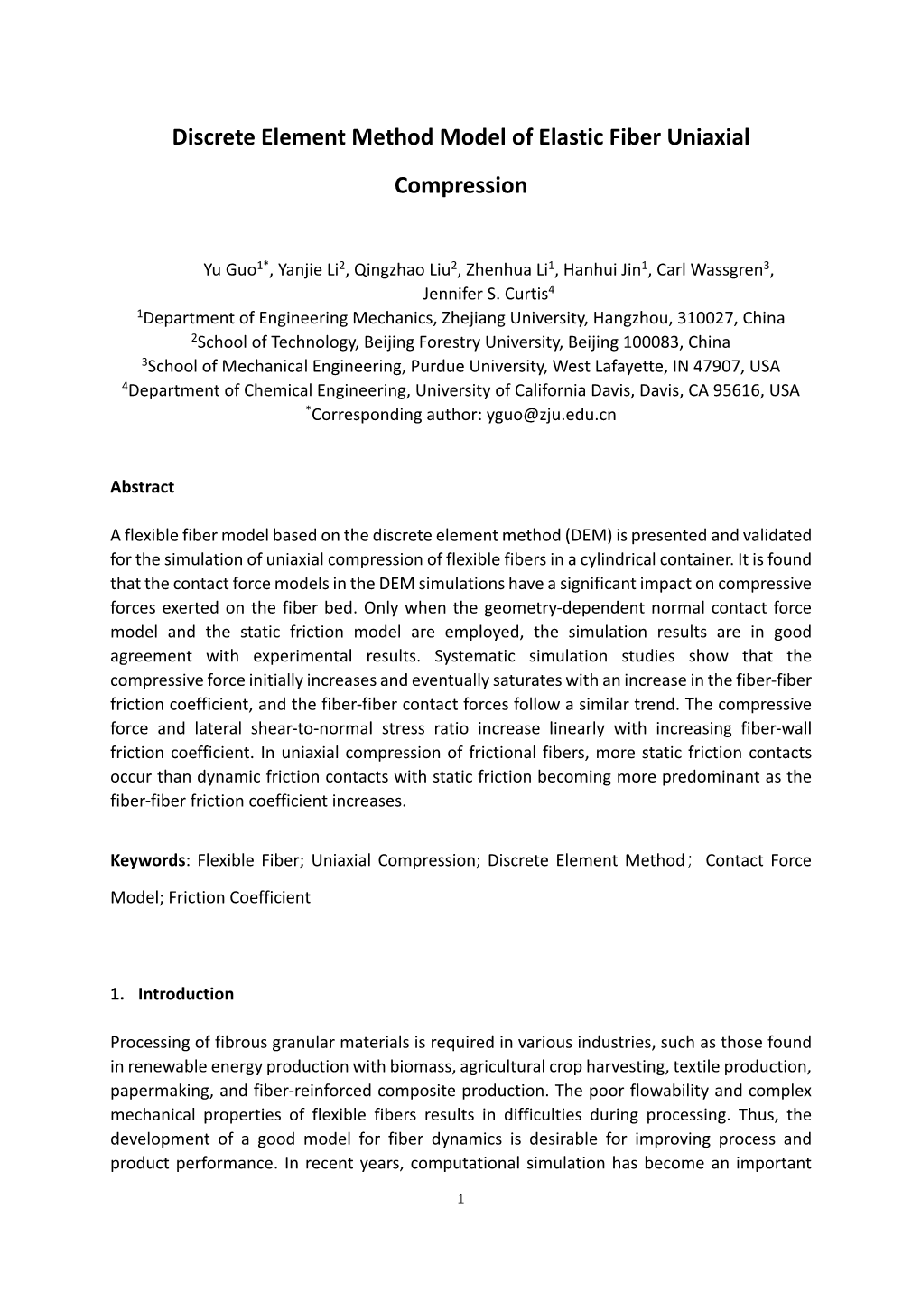 Discrete Element Method Model of Elastic Fiber Uniaxial Compression