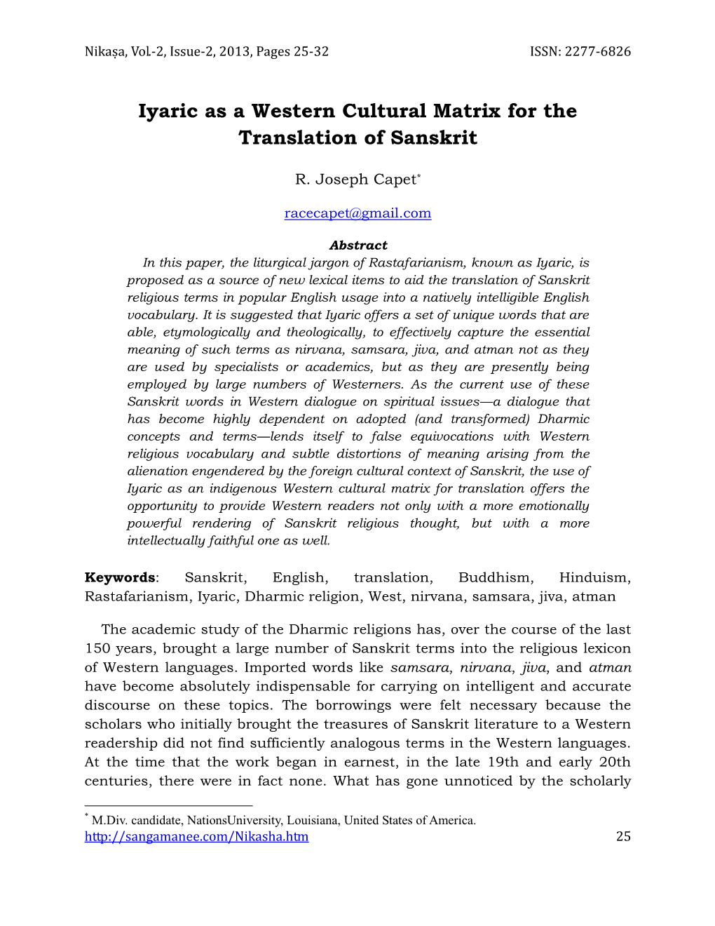 Iyaric As a Western Cultural Matrix for the Translation of Sanskrit