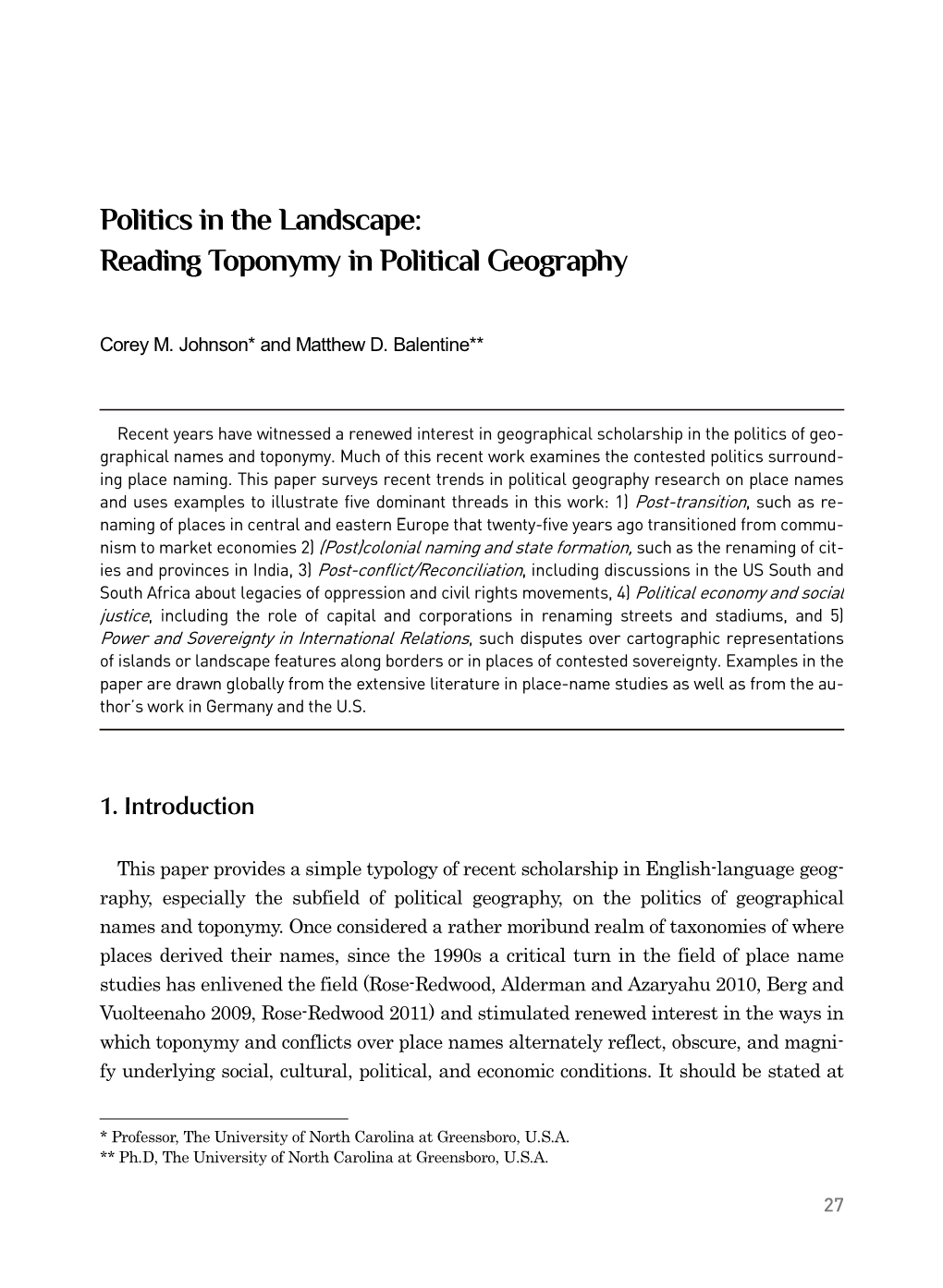 Politics in the Landscape: Reading Toponymy in Political Geography