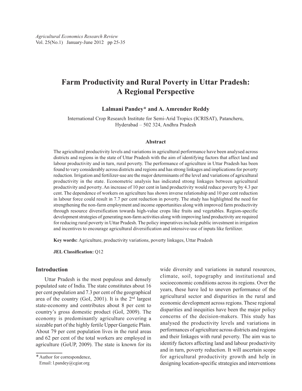 Farm Productivity and Rural Poverty in Uttar Pradesh: a Regional Perspective
