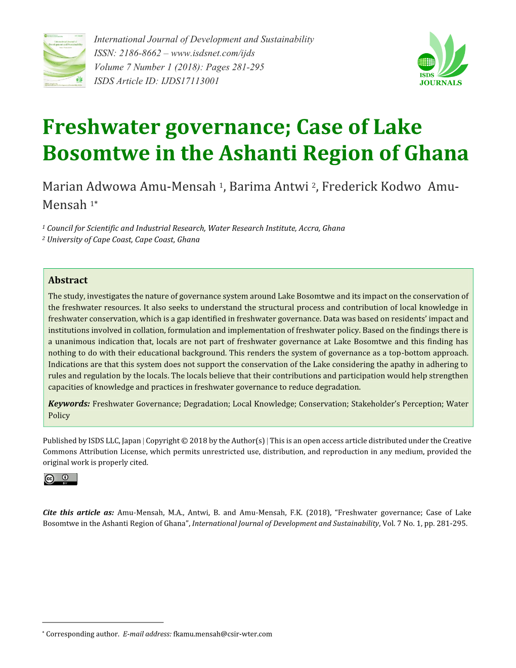 Case of Lake Bosomtwe in the Ashanti Region of Ghana