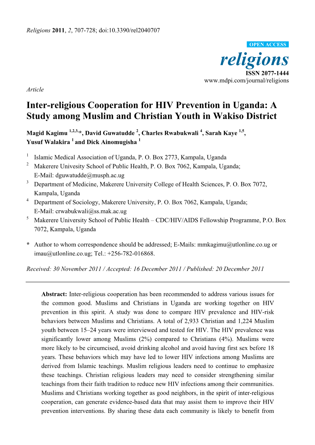 Inter-Religious Cooperation for HIV Prevention in Uganda: a Study Among Muslim and Christian Youth in Wakiso District