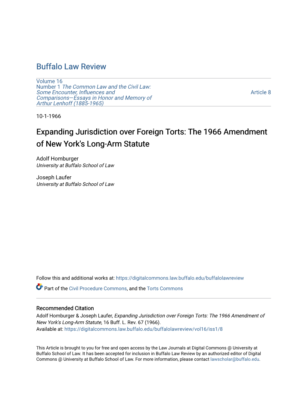 The 1966 Amendment of New York's Long-Arm Statute