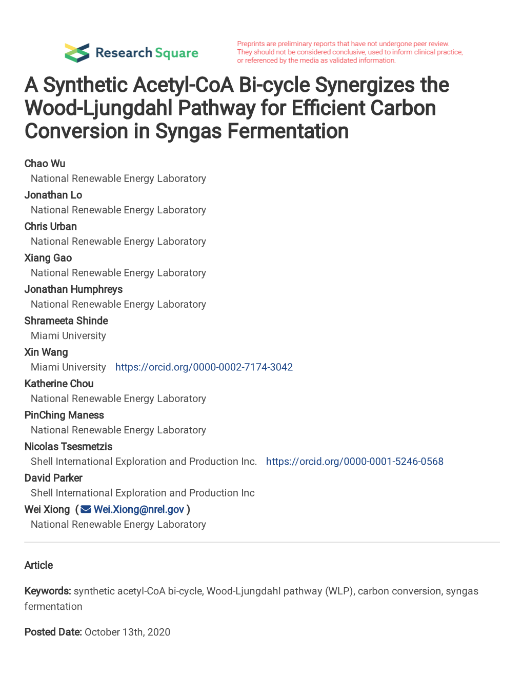 A Synthetic Acetyl-Coa Bi-Cycle Synergizes the Wood-Ljungdahl Pathway for E�Cient Carbon Conversion in Syngas Fermentation