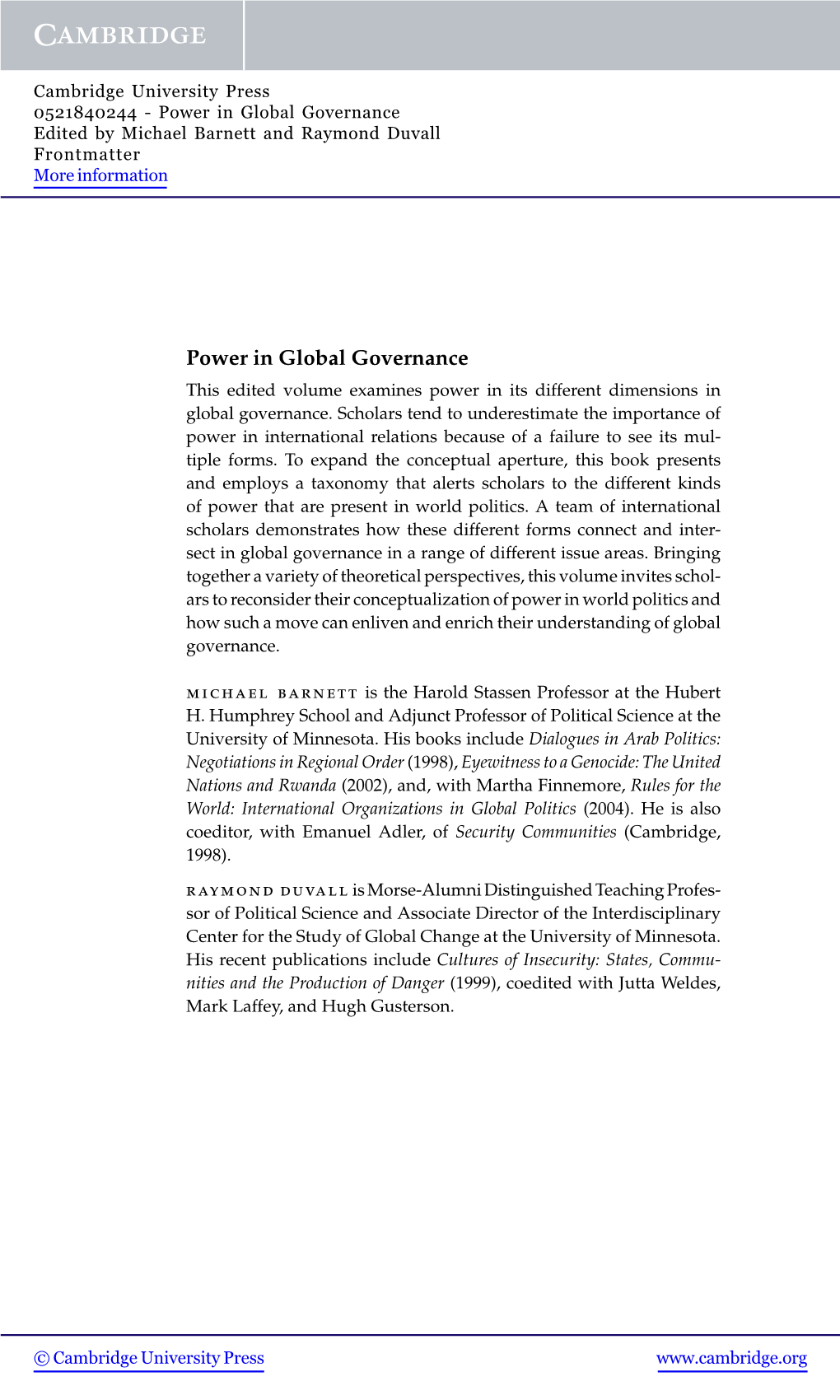 Power in Global Governance Edited by Michael Barnett and Raymond Duvall Frontmatter More Information