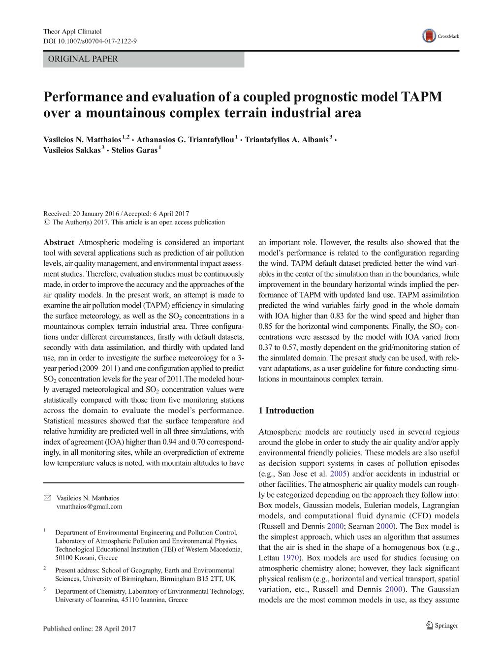 Performance and Evaluation of a Coupled Prognostic Model TAPM Over a Mountainous Complex Terrain Industrial Area