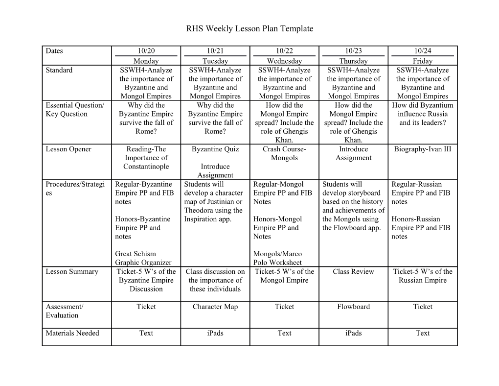 RHS Weekly Lesson Plan Template