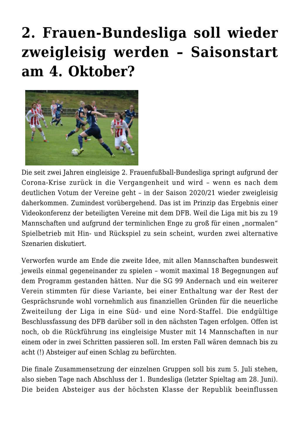 2. Frauen-Bundesliga Soll Wieder Zweigleisig Werden – Saisonstart Am 4. Oktober?