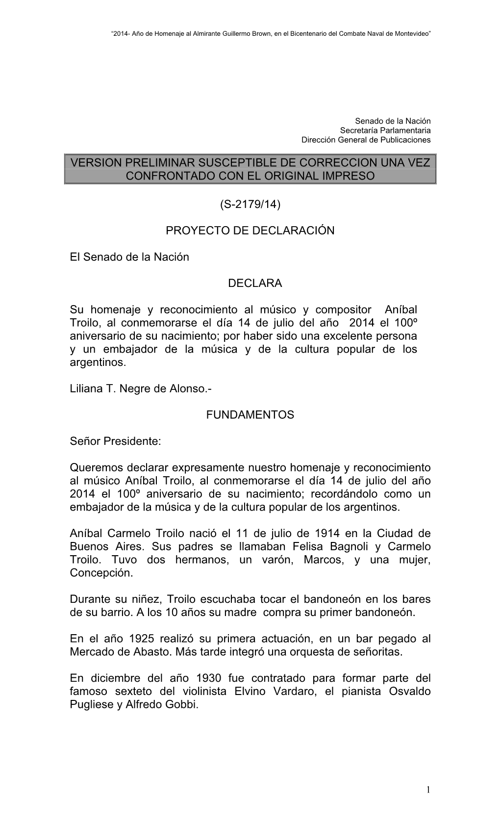 (S-2179/14) PROYECTO DE DECLARACIÓN El