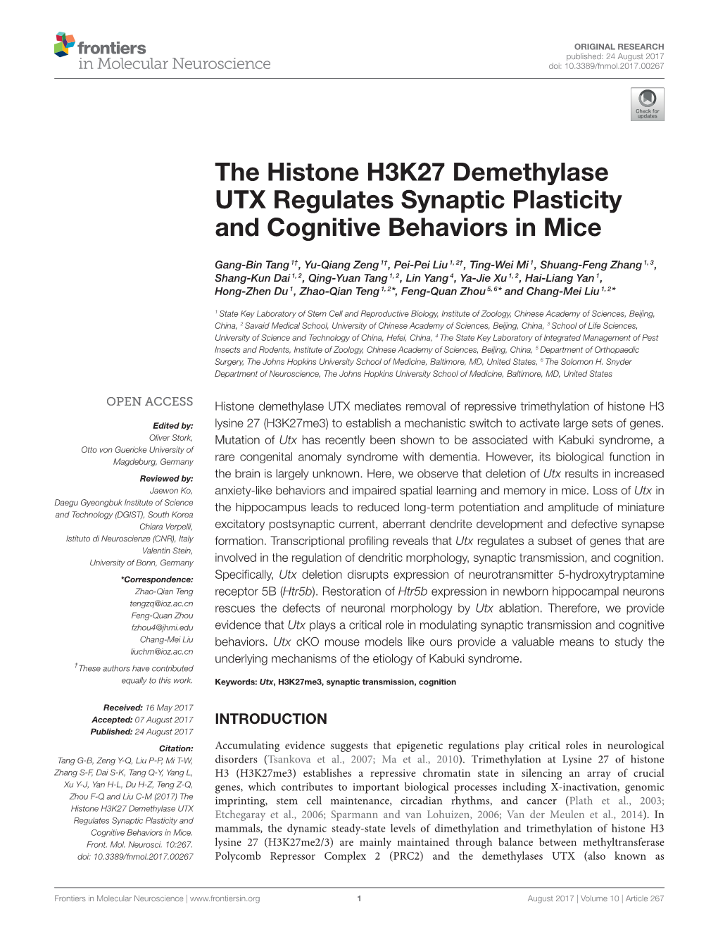 The Histone H3K27 Demethylase UTX Regulates Synaptic Plasticity and Cognitive Behaviors in Mice