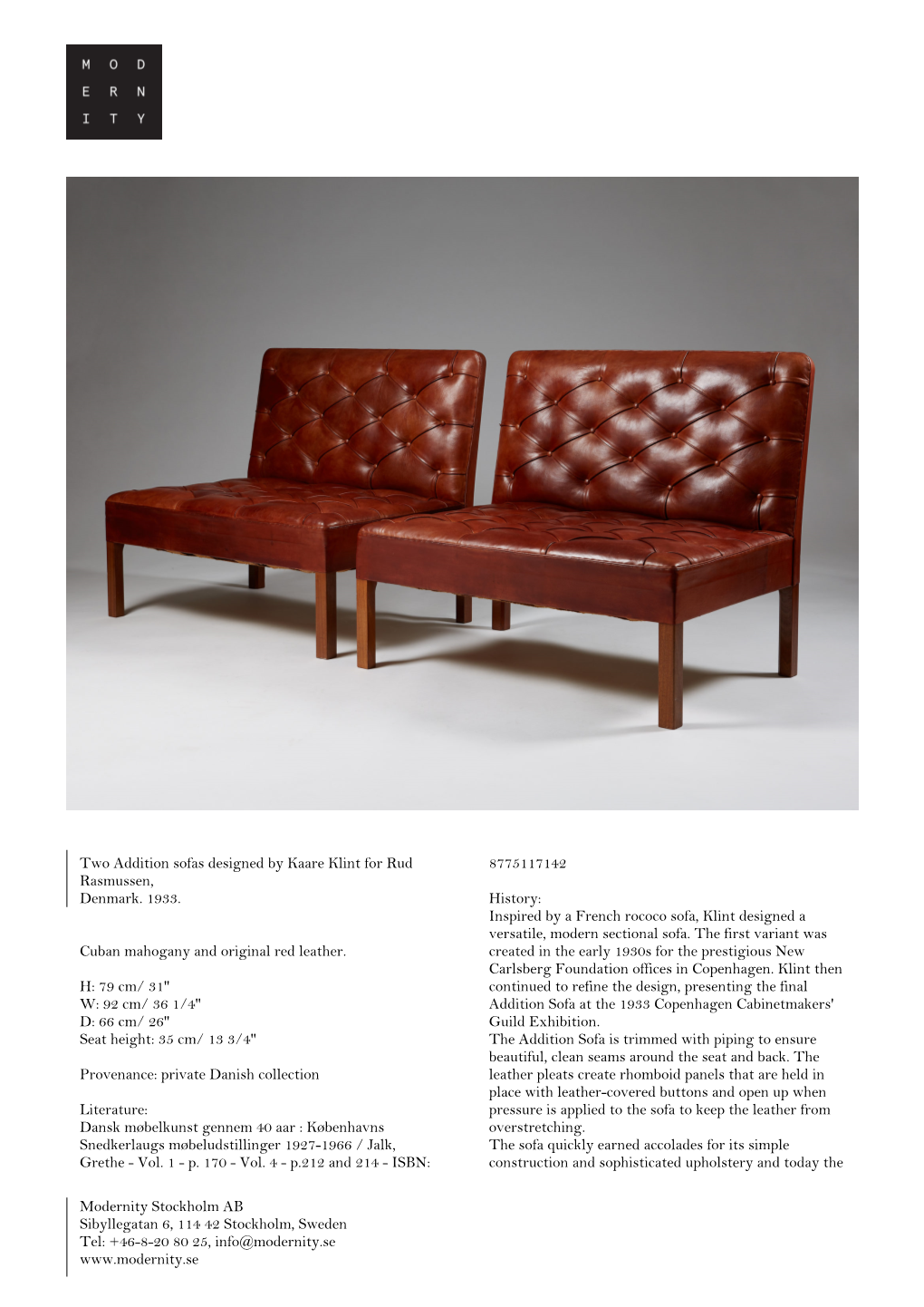 Two Addition Sofas Designed by Kaare Klint for Rud Rasmussen, Denmark. 1933. Cuban Mahogany and Original Red Leather. H
