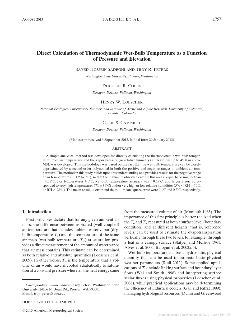 Direct Calculation of Thermodynamic Wet-Bulb Temperature As a Function of Pressure and Elevation