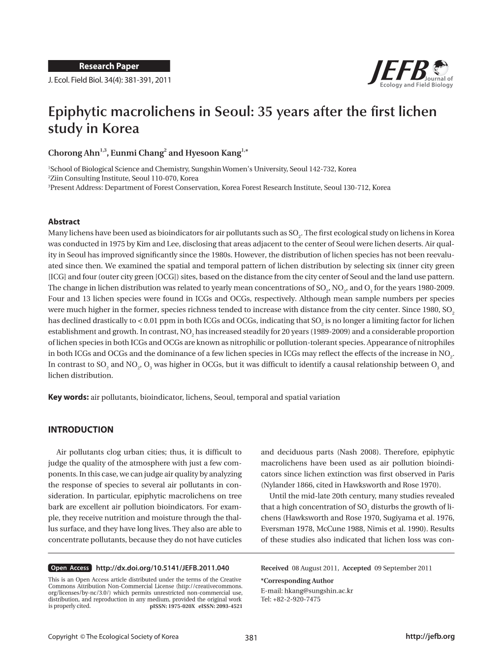 Epiphytic Macrolichens in Seoul: 35 Years After the First Lichen Study in Korea