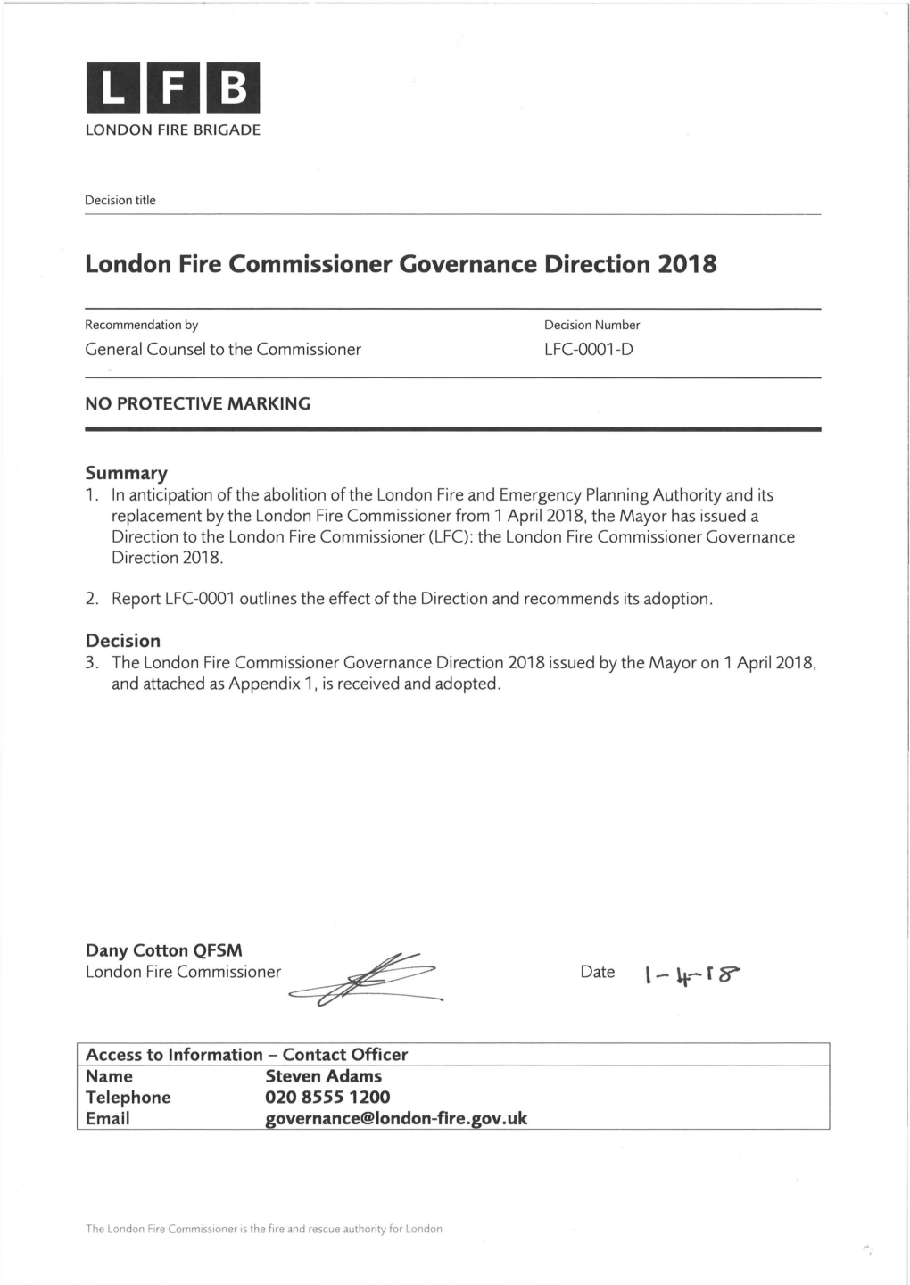 London Fire Commissioner Governance Direction 2018