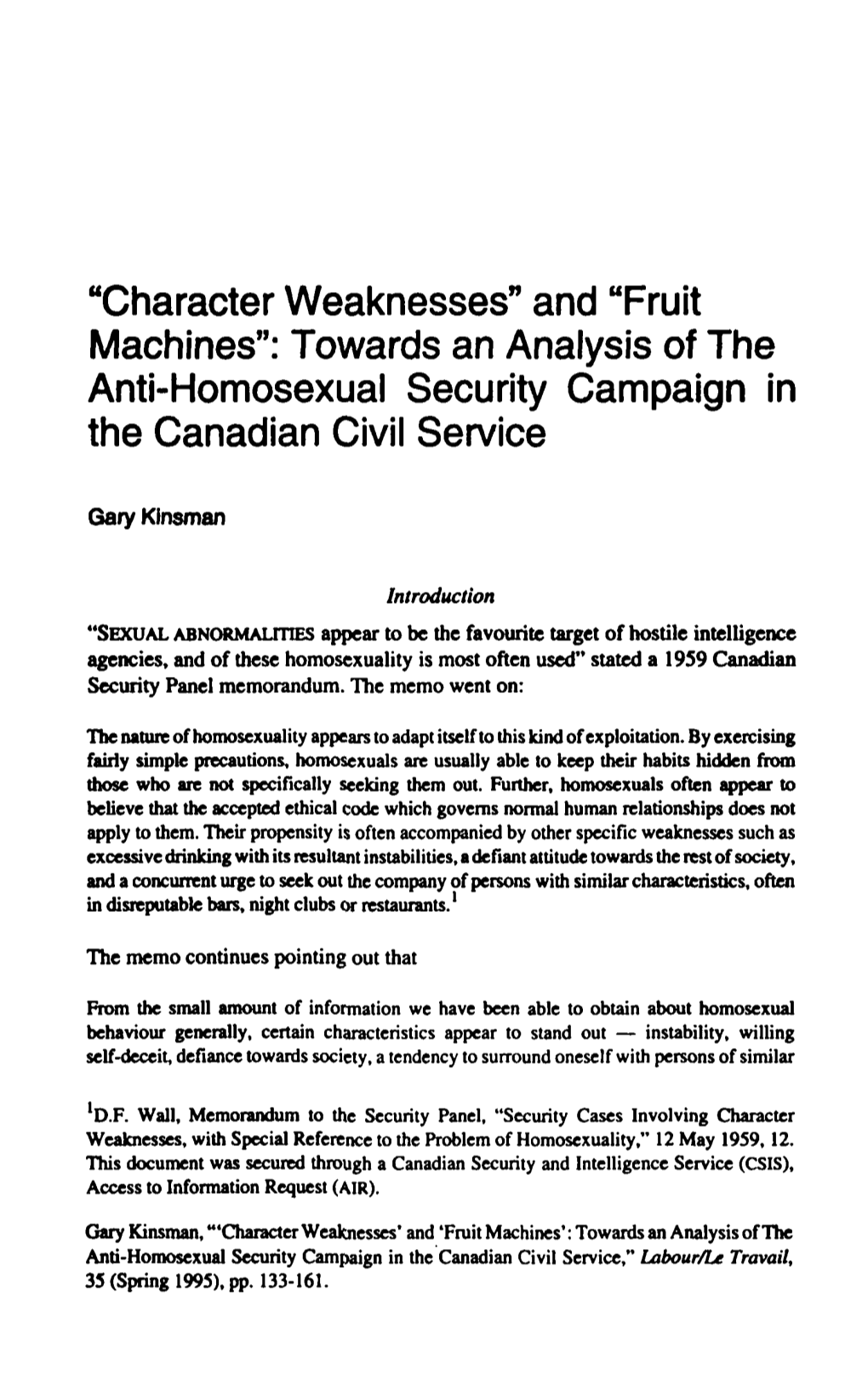 "Character Weaknesses" and "Fruit Machines": Towards an Analysis of the Anti-Homosexual Security Campaign in the Canadian Civil Service