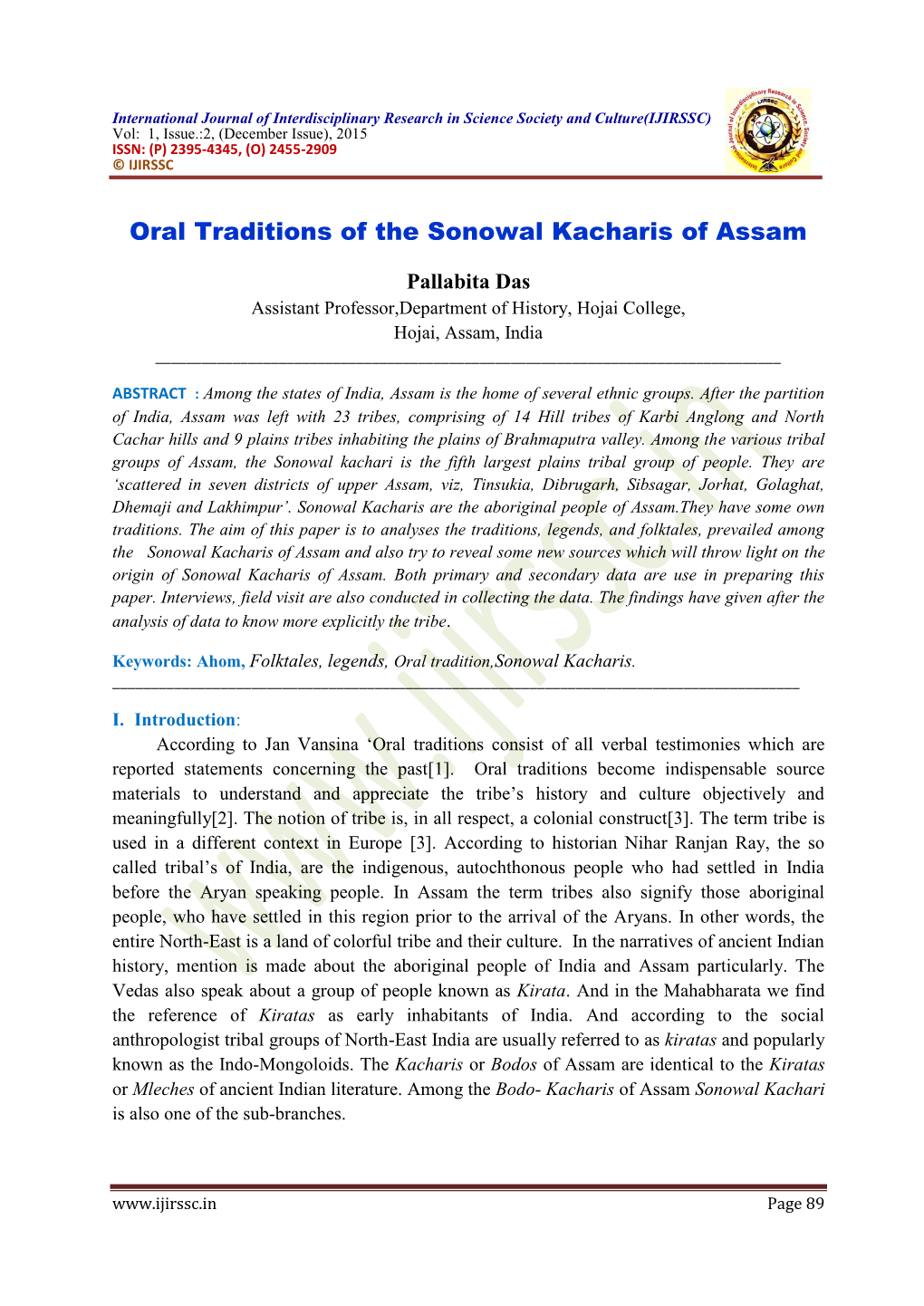Oral Traditions of the Sonowal Kacharis of Assam